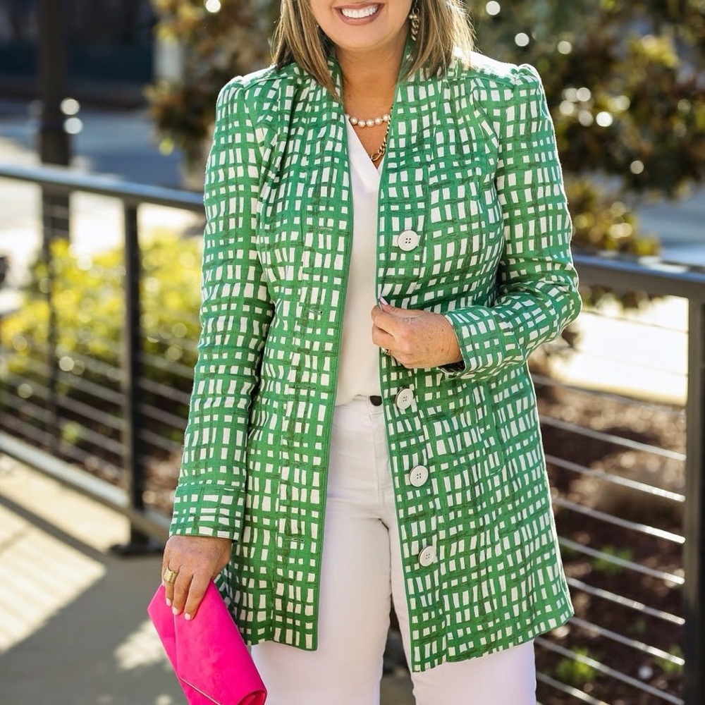 Cabi Circuit Checkered‎ Green Trench Coat with Waist Tie.